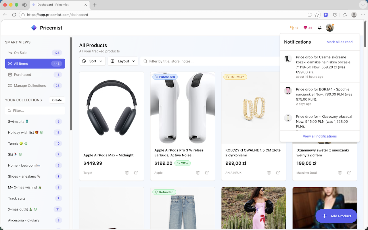 Pricemist dashboard showing your tracked products with price drops and purchase status