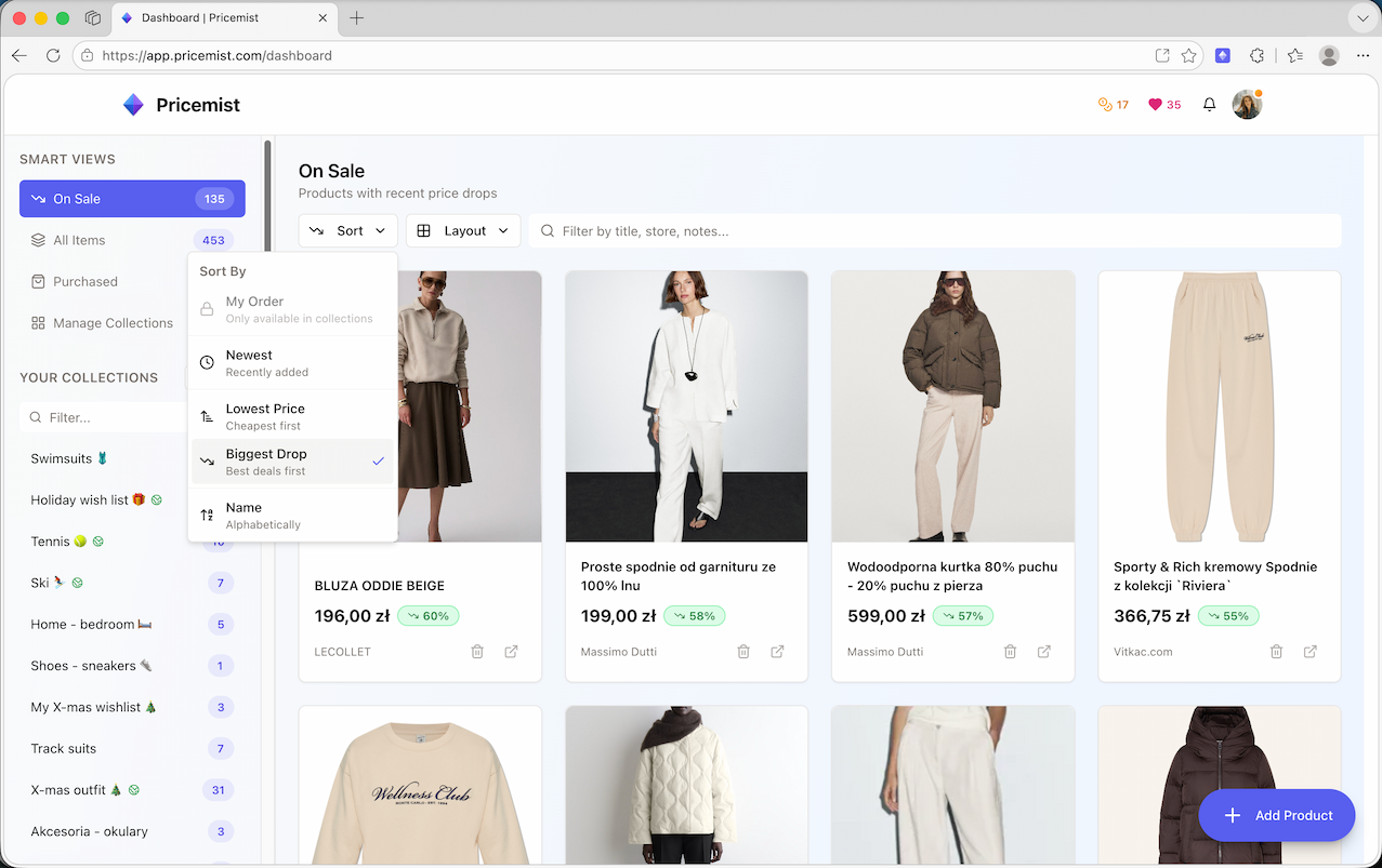 On Sale dashboard showing discounted tracked items