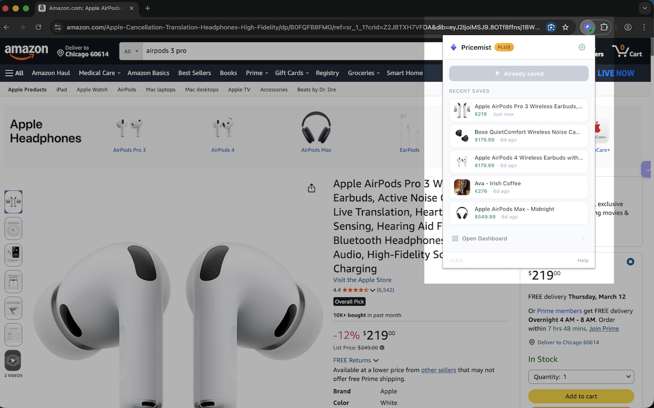 Dashboard showing saved products with one-click save from any store