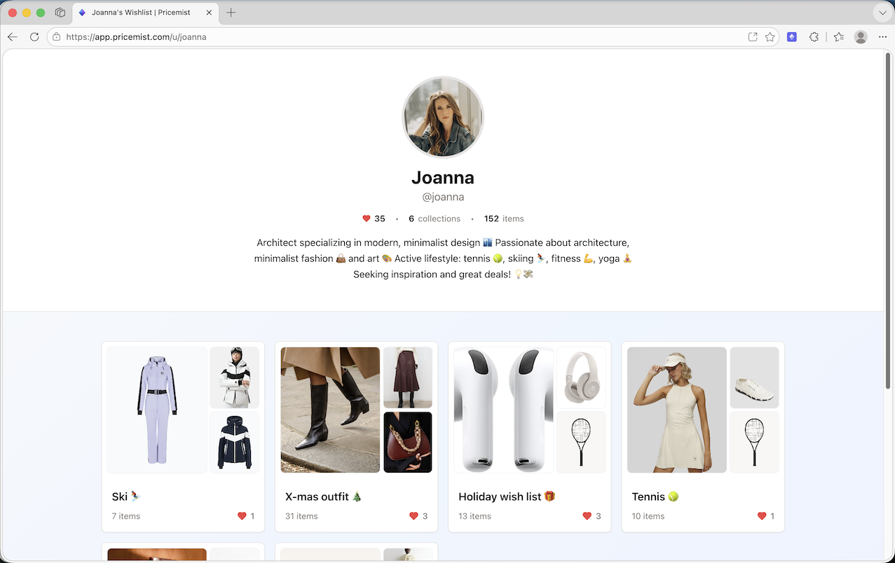 Public Pricemist profile showing wishlist collections
