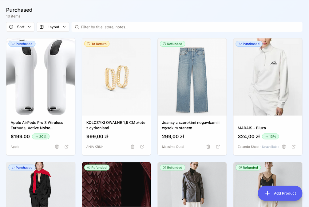 Purchased items with return deadline tracking