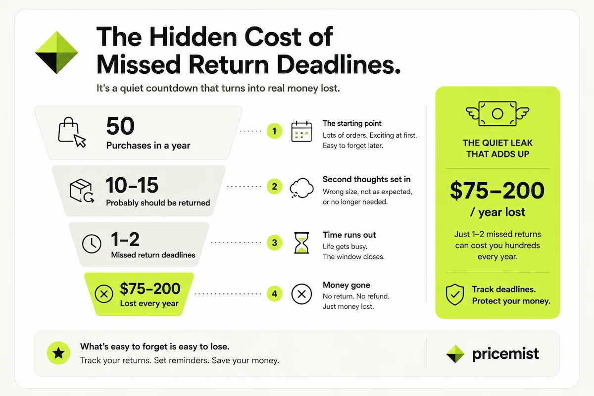 A funnel graphic showing 50 online purchases a year narrowing to 10-15 that should be returned, then to 1-2 that get missed entirely, ending in a callout of $75-200 a year lost