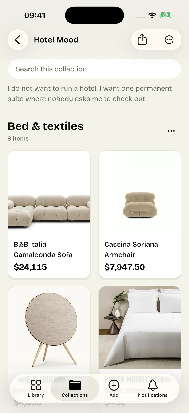 Hotel Mood in Pricemist for iPhone, showing the same sofa, armchair and Beosound A9.