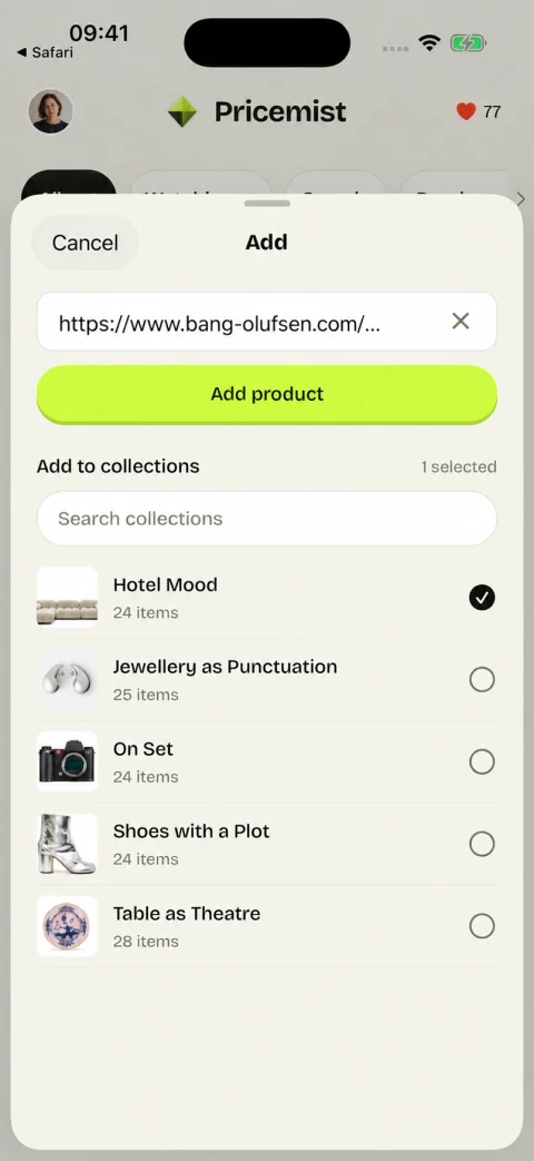 The native Add sheet with an empty collection filter, Hotel Mood selected, and four other collections visible.