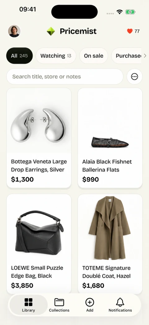 Pricemist’s iPhone Library with silver Bottega Veneta drop earrings, a black Leica D-Lux 8 camera, a black LOEWE Puzzle bag and a hazel TOTEME coat, with filters and the Library tab selected.