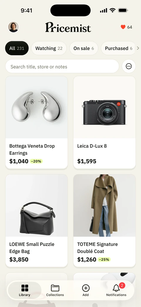 Pricemist’s iPhone Library with silver Bottega Veneta drop earrings, a black Leica D-Lux 8 camera, a black LOEWE Puzzle bag and a hazel TOTEME coat, with two illustrative price-drop badges, filters and the Library tab selected.
