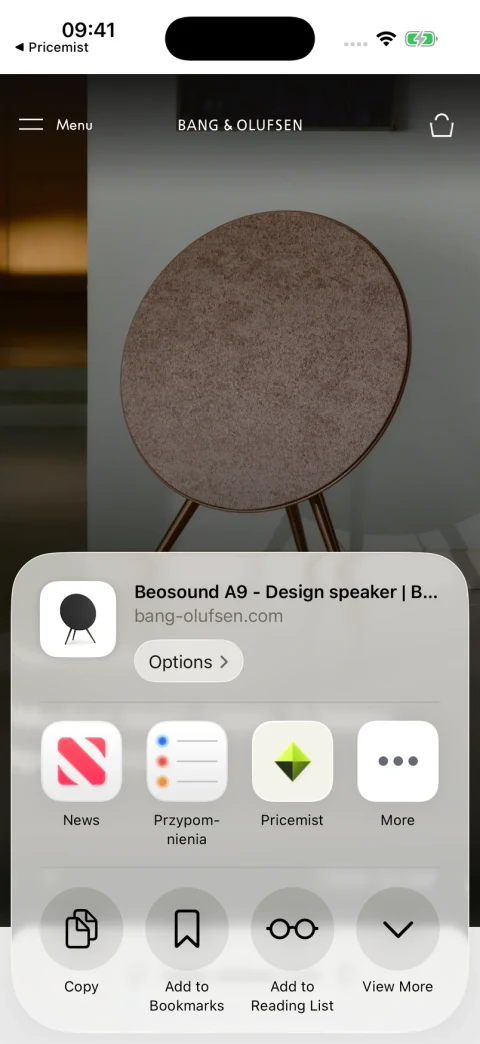 The native iOS Share sheet over the Beosound A9 product page, with Pricemist among the share targets.