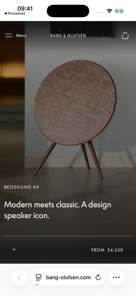 Beosound A9 on Bang & Olufsen’s product page in Safari for iPhone.