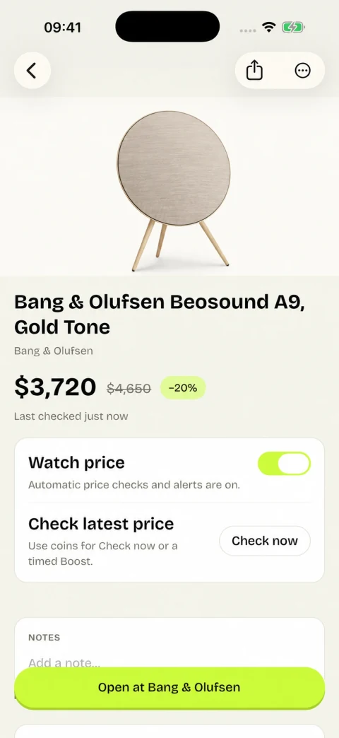 Beosound A9 now $3,720, with the previous $4,650 crossed out and a minus 20 percent badge. Watch price and alerts are on.